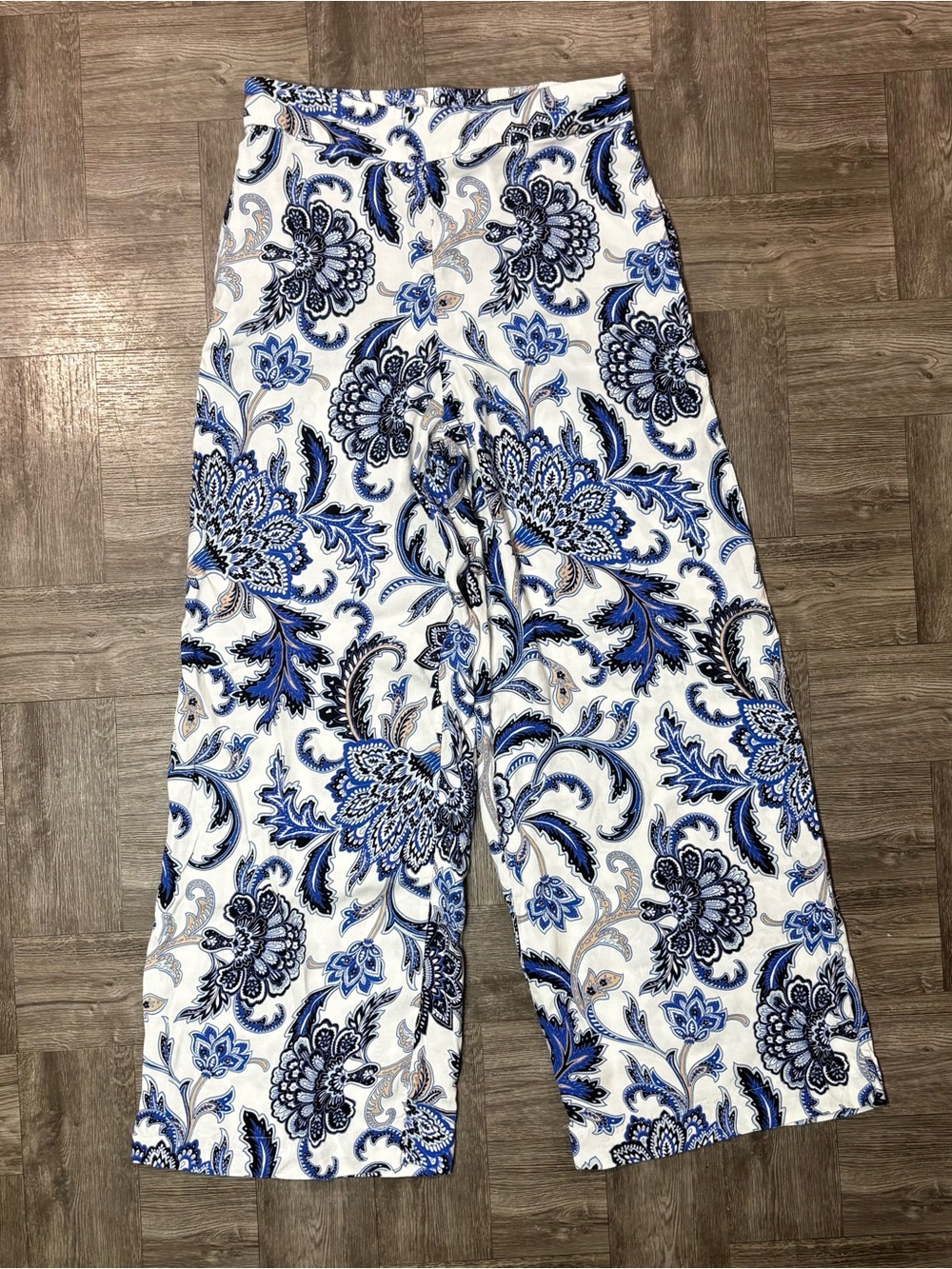 Fat Face Blue White Paisley Floral Wide Leg Viscose Pants Size 4 Regular